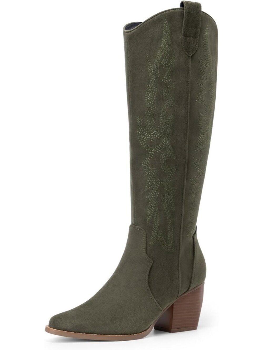 Womens Green Wide Calf Pull On Zipper Chunky Heel Western Cowgirl Knee High Boot